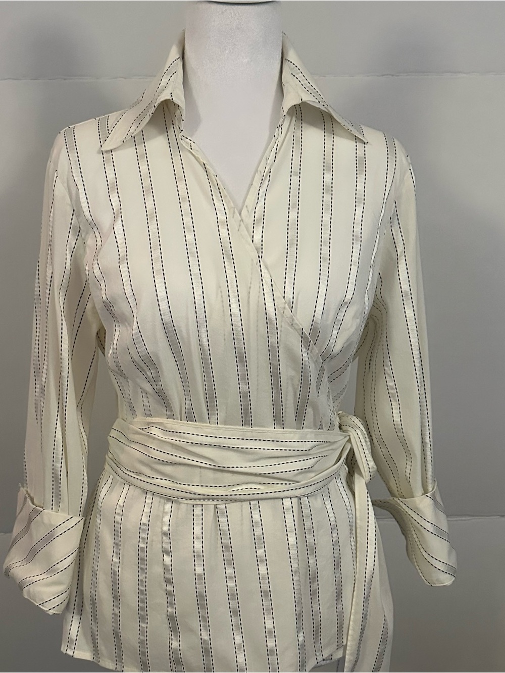 Women's Cream Striped Wrap Blouse with Waist Tie